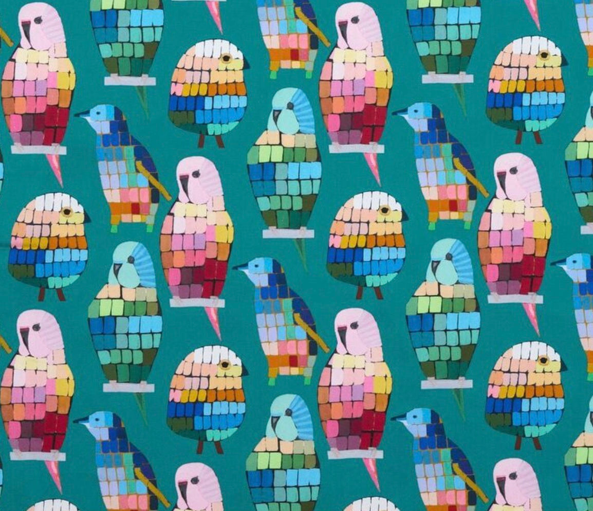 Pattern of colorful parrot illustrations on a teal background