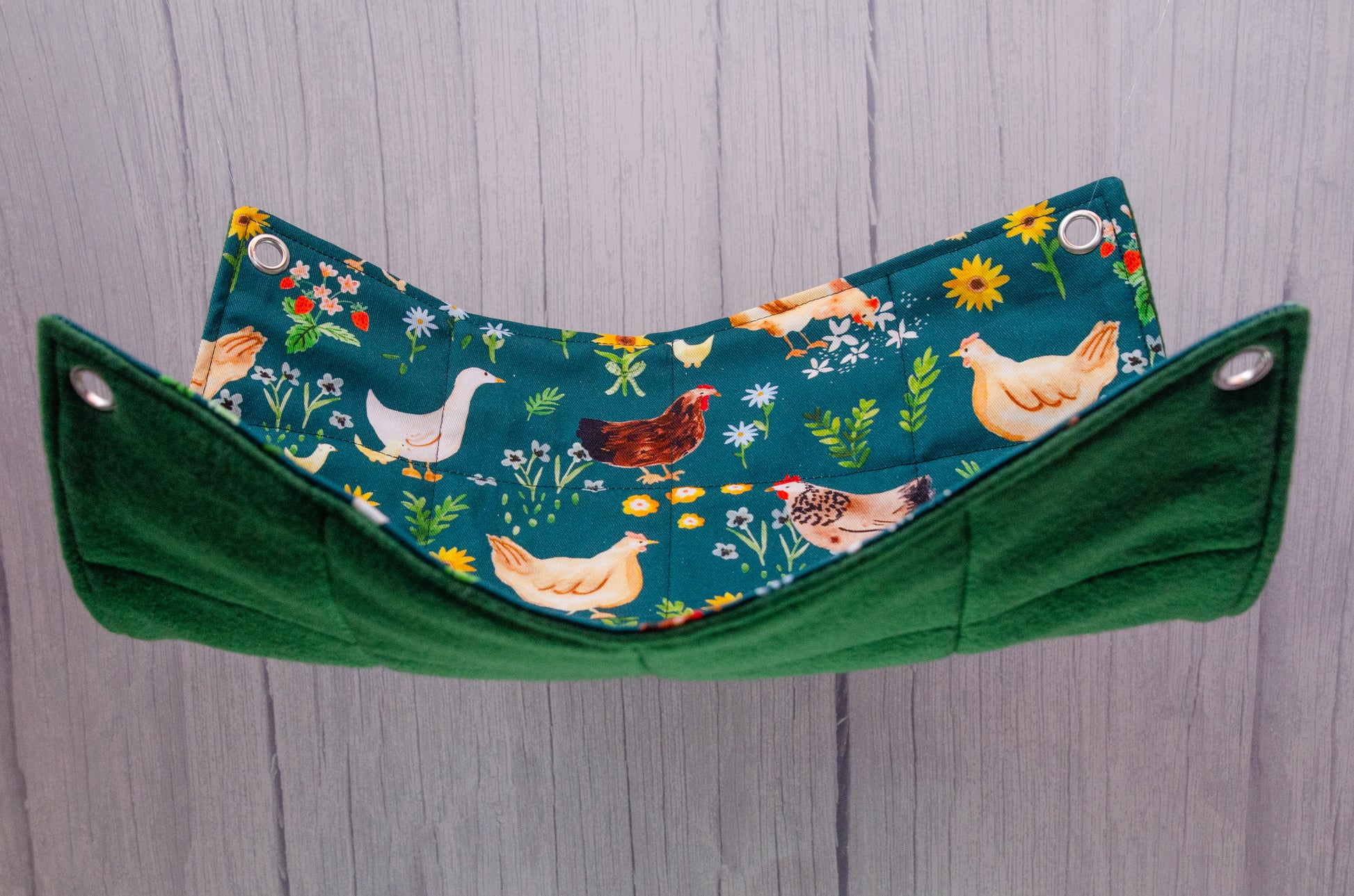 Happy chook hammock flat style with green fleece, hanging