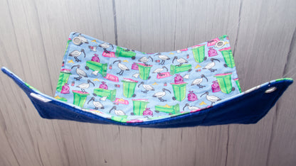 blue flat rat hammock with bin chicken and wheely bin pictures