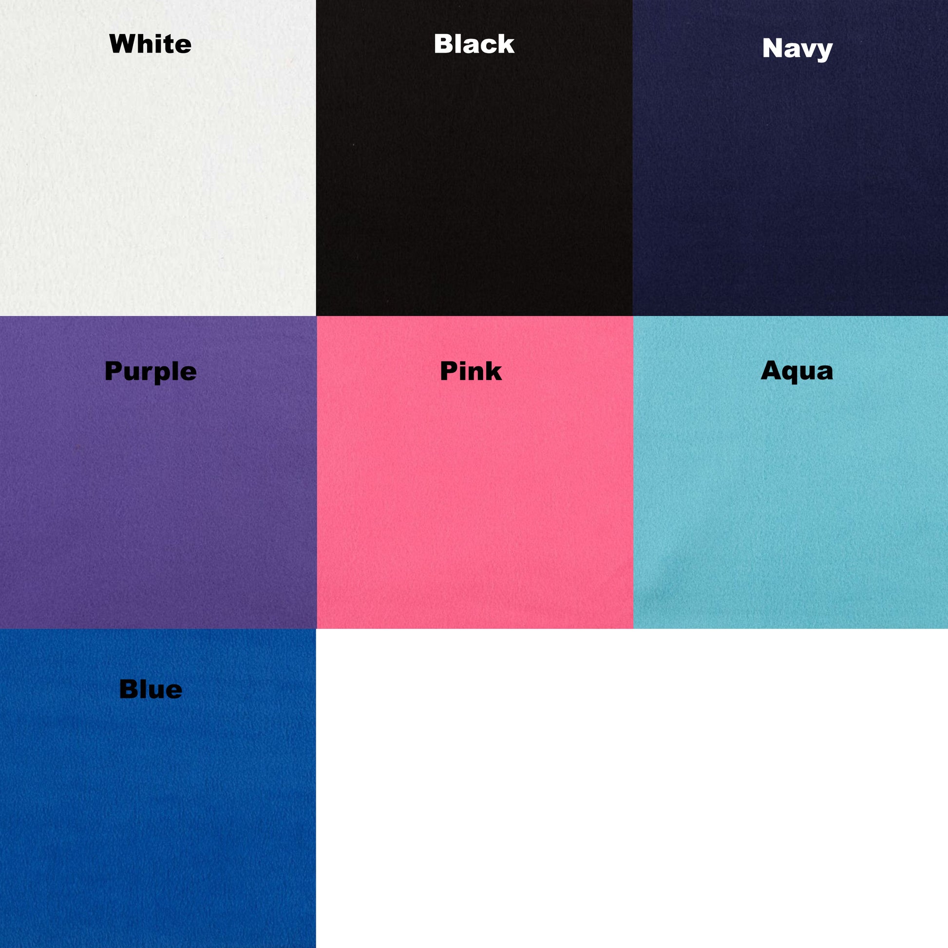 fleece colour swatch white, black, navy, purple, pink, aqua, blue