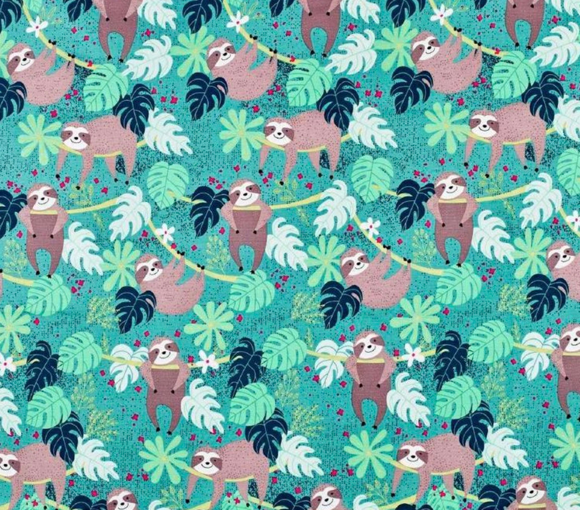 Brown sloths hanging on branches on a green background with large green and blue leaves