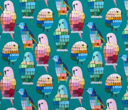 Pattern of colorful parrot illustrations on a teal background
