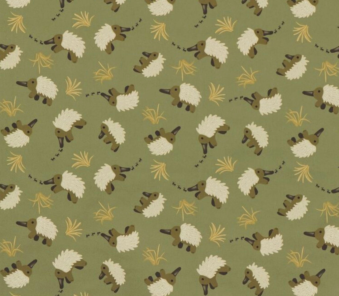Pattern of echidnas chasing ants on an olive green background