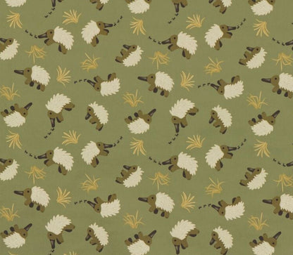 Pattern of echidnas chasing ants on an olive green background